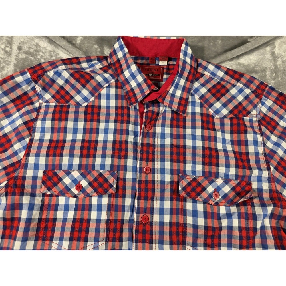 Haupt Button Up Shirt S/S Red/Blue Gingham Check Plaid Modern Fit Medium